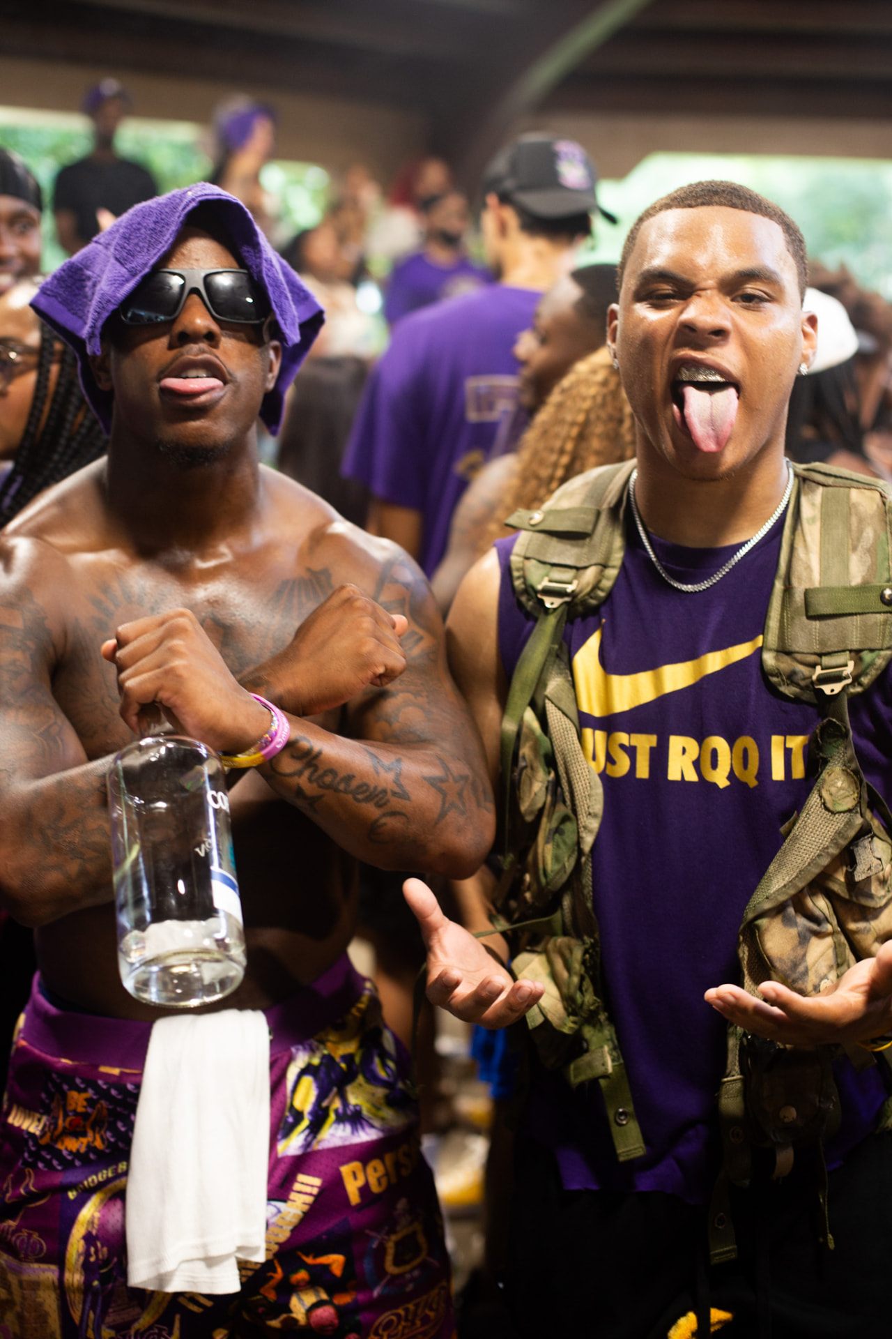 HBCU day party — two kings repping Omega Psi Phi purple and gold